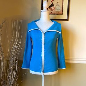 Camille La Vie Cardigan, turquoise & white, jewels, full zip